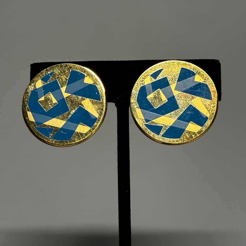Avon Earrings Womens Blue Goldtone Clip On Round‎ Geometric Modern Vintage Bold
